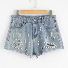 Shein Faux Pearl Raw Hem Ripped Denim Shorts