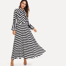 Shein Bishop Sleeve Tied Neck Striped Flare Dress