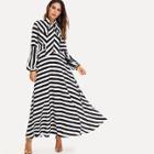 Shein Bishop Sleeve Tied Neck Striped Flare Dress