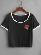 Shein Black Contrast Trim Rose Embroidered Patch T-shirt