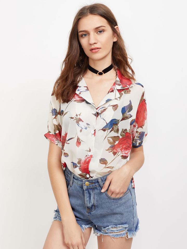 Shein Random Florals Revere Collar Chiffon Blouse