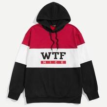 Shein Men Color-block Letter Drawstring Hoodie