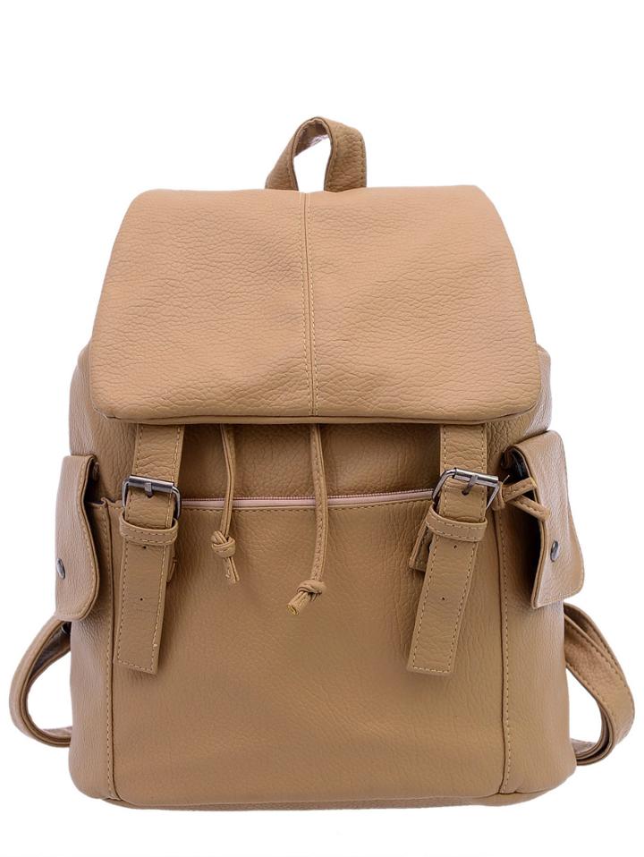 Shein Faux Leather Double Buckle Flap Backpack - Khaki