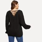 Shein Plus Pocket Patched Grommet Lace-up Back Sweater