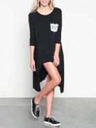 Shein Black Round Neck Lace Pocket High Low Dress