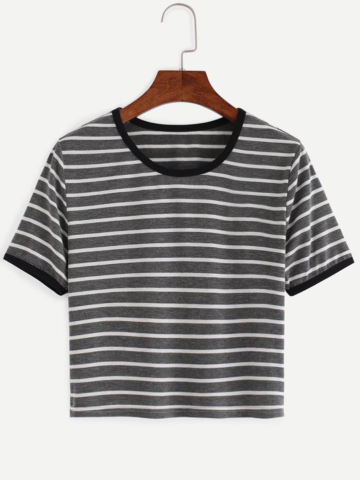 Shein Dark Grey Striped Contrast Trim T-shirt