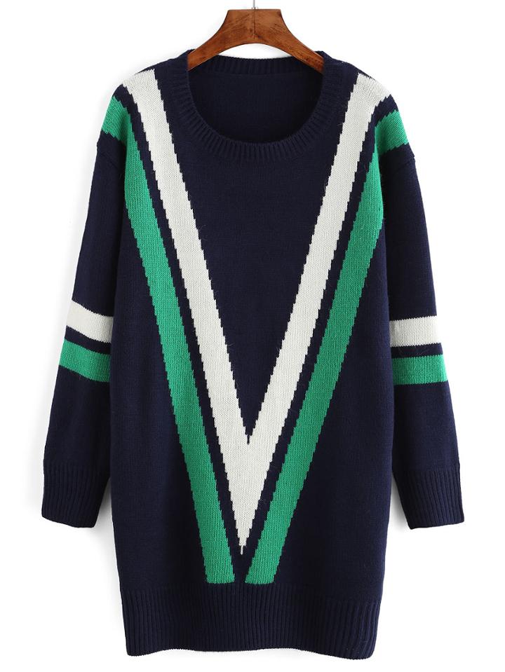 Shein Navy Geometry Color Block Pullover Sweater