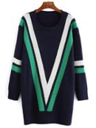 Shein Navy Geometry Color Block Pullover Sweater