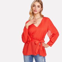 Shein Self Belt Ruffle Sleeve Top
