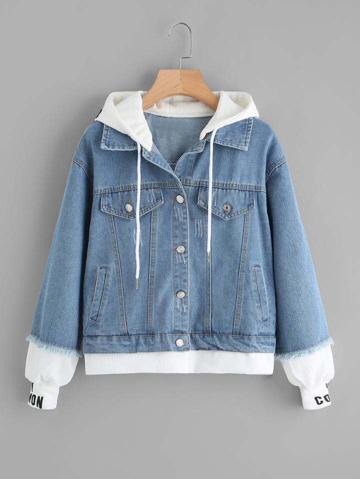 Shein 2 In 1 Ribbed Knit Trim Hooded Denim Jacket