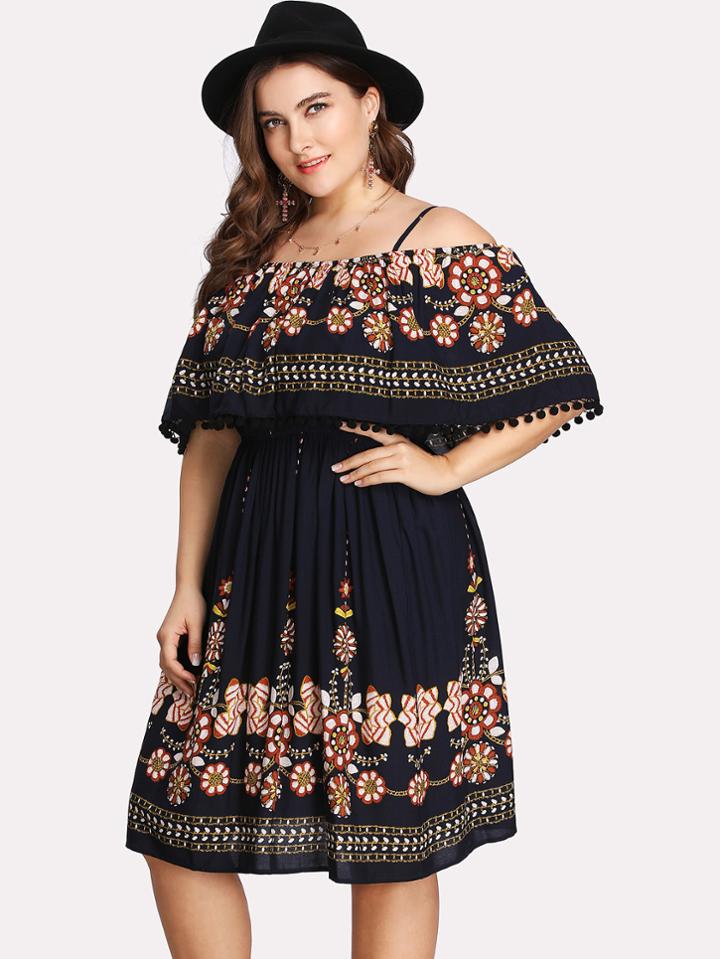 Shein Flounce Layered Neck Tassel Detail Dress