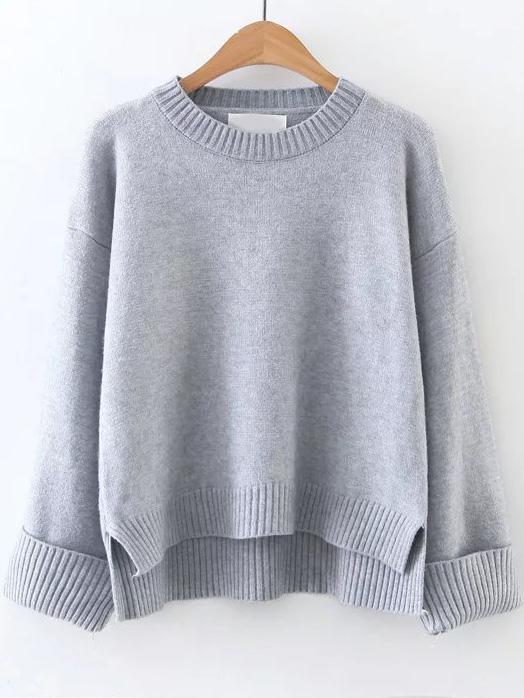 Shein Grey Ribbed Trim Dip Hem Sweater