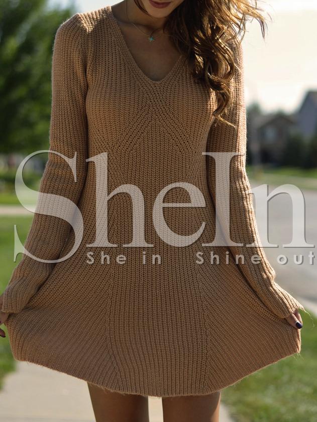 Shein Long Sleeve V Neck Flounce Hem Sweater Dress