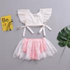 Shein Girls Knot Hem Top With Lace Skirt