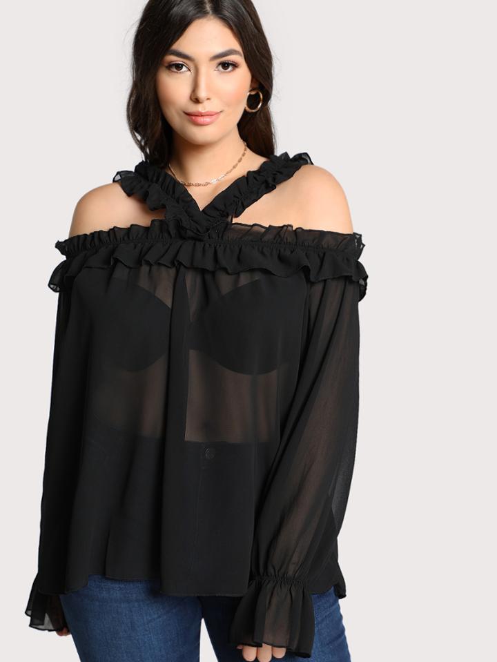 Shein Sheer Long Sleeve Ruffle Trim Top