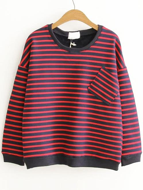 Shein Red Striped Contrast Trim Sweatshirt With Pocket