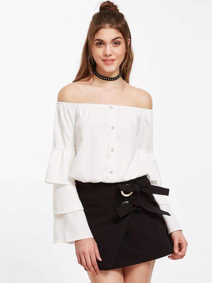 Shein White Off The Shoulder Tiered Bell Sleeve Button Top