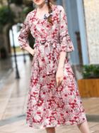 Shein Red V Neck Flowers Print A-line Dress