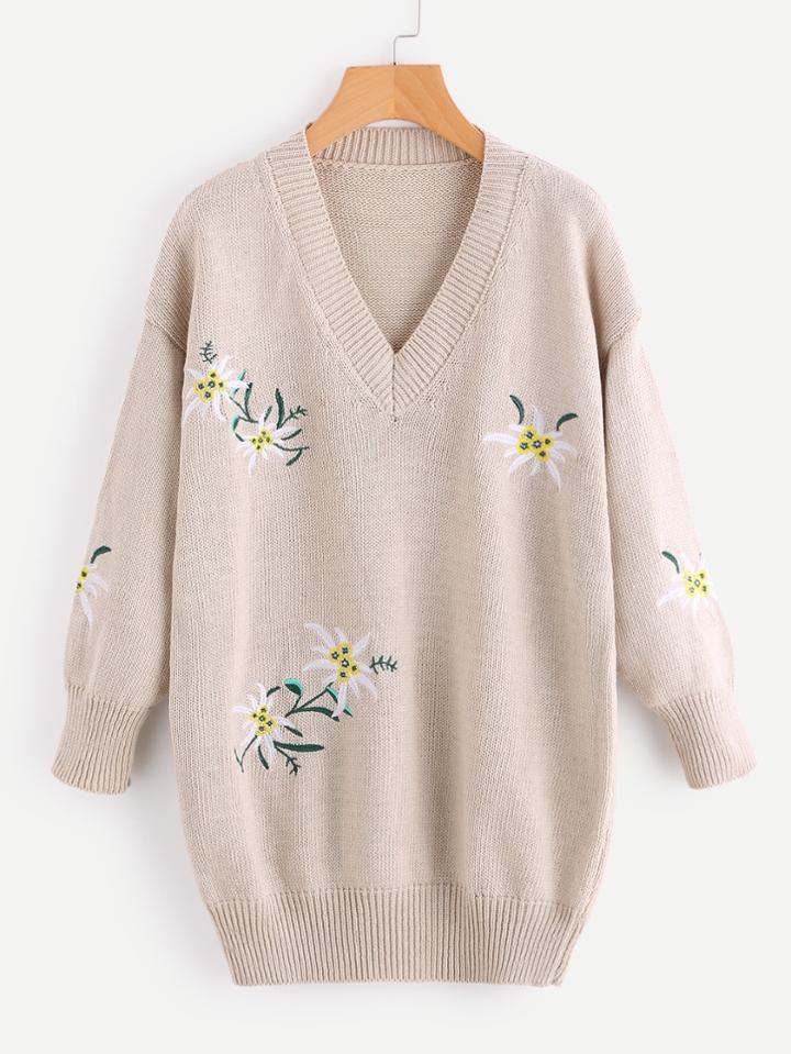 Shein V Neckline Floral Embroidered Knit Sweater