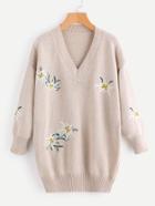 Shein V Neckline Floral Embroidered Knit Sweater