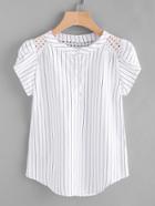 Shein Eyelet Embroidered Panel Petal Sleeve Pinstriped Blouse