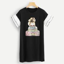 Shein Girl Print Pleat Detail Sleeve Dress