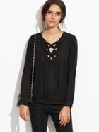 Shein Black Deep V Neck Eyelet Lace Up Blouse