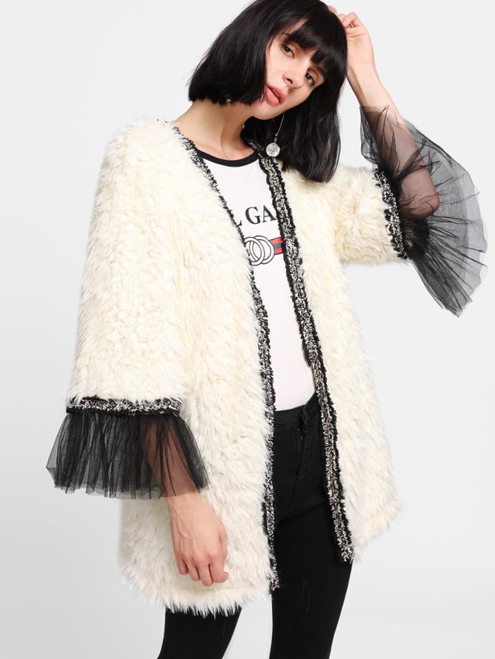 Shein Contrast Mesh Cuff Faux Fur Coat