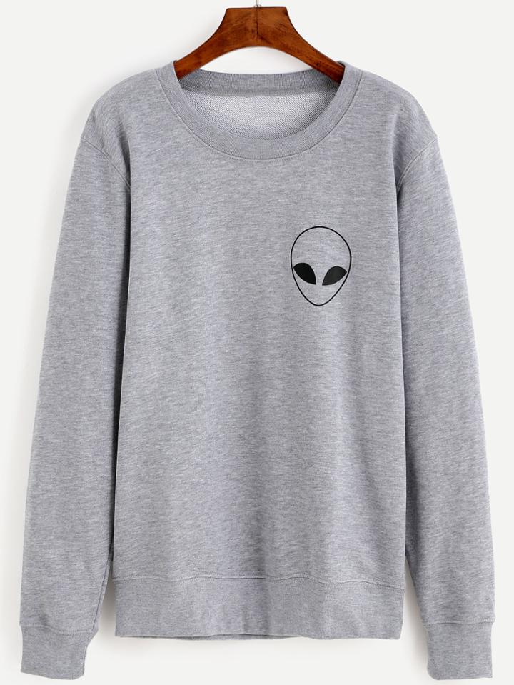Shein Grey Alien Print Long Sleeve Sweatshirt