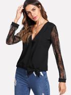 Shein Knotted Hem Lace Sleeve Surplice Blouse