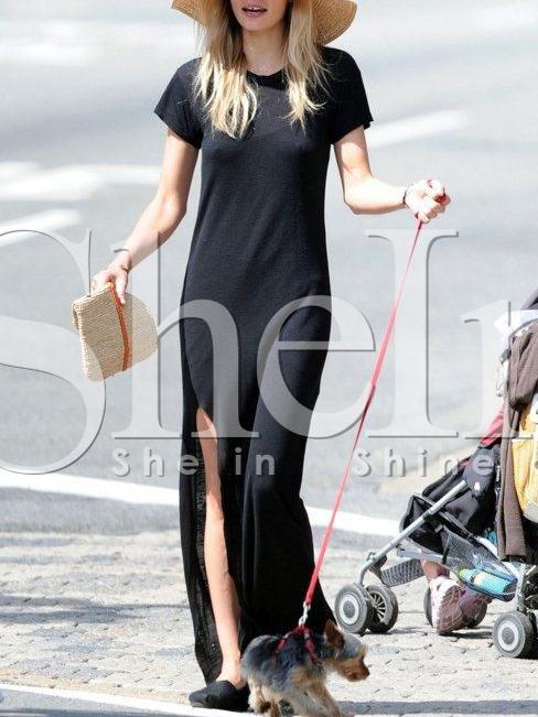 Shein Black Short Sleeve Split Front Maxi Dress