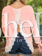 Shein Pink Contrast Lace Slit Back T-shirt