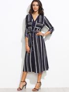 Shein Navy Vertical Striped Roll Tab Sleeve Self Tie Shirt Dress