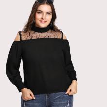 Shein Plus Mesh Insert Open Shoulder Blouse