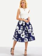Shein Flower Print Box Pleated Midi Skirt - Blue