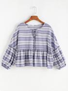 Shein Striped Keyhole Tie Neck Lantern Sleeve Smock Top