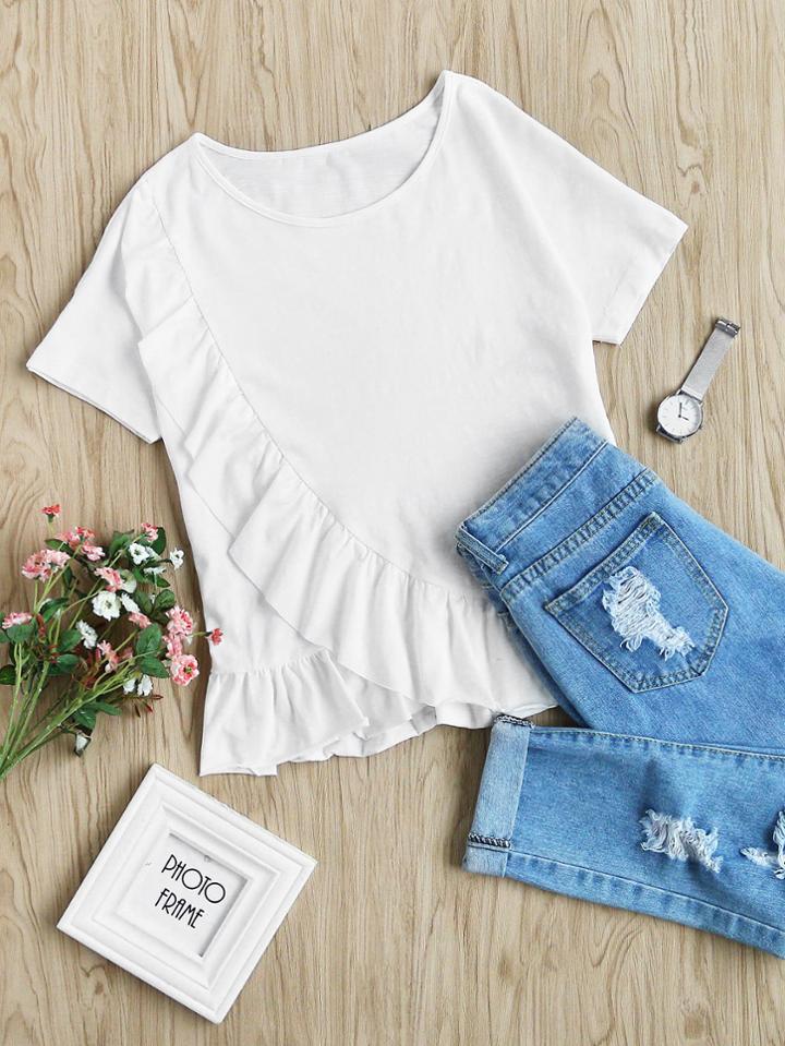 Shein Frilled Detail Overlap Slub T-shirt