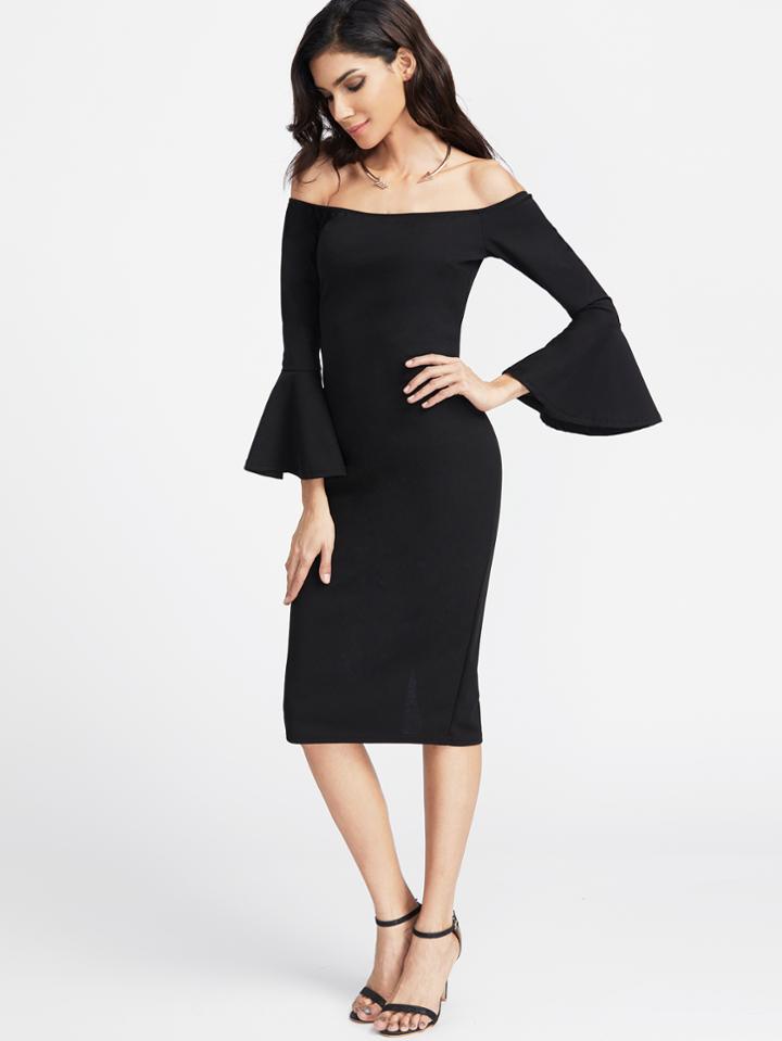 Shein Off The Shoulder Bell Sleeve Slit Back Pencil Dress