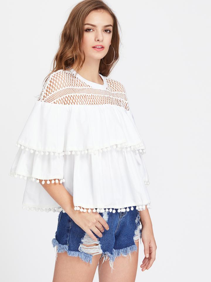 Shein Eyelet Crochet Shoulder Pom Pom Trim Tiered Top