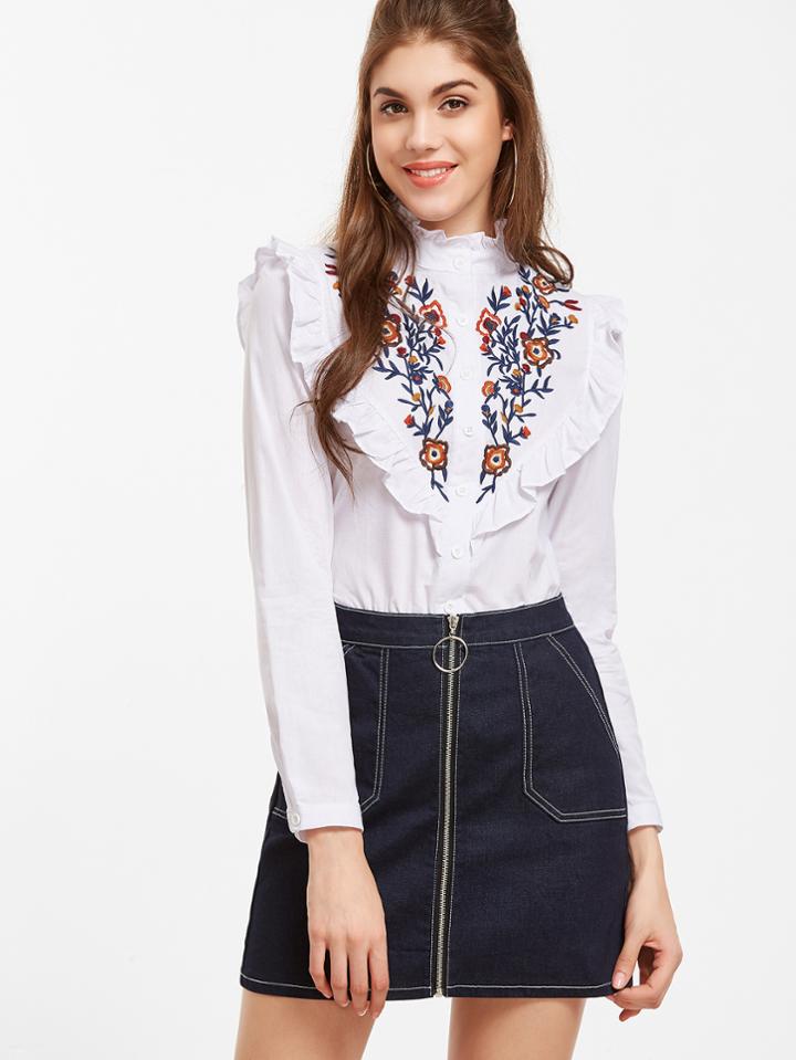 Shein White Flower Embroidered Ruffle Trim Shirt