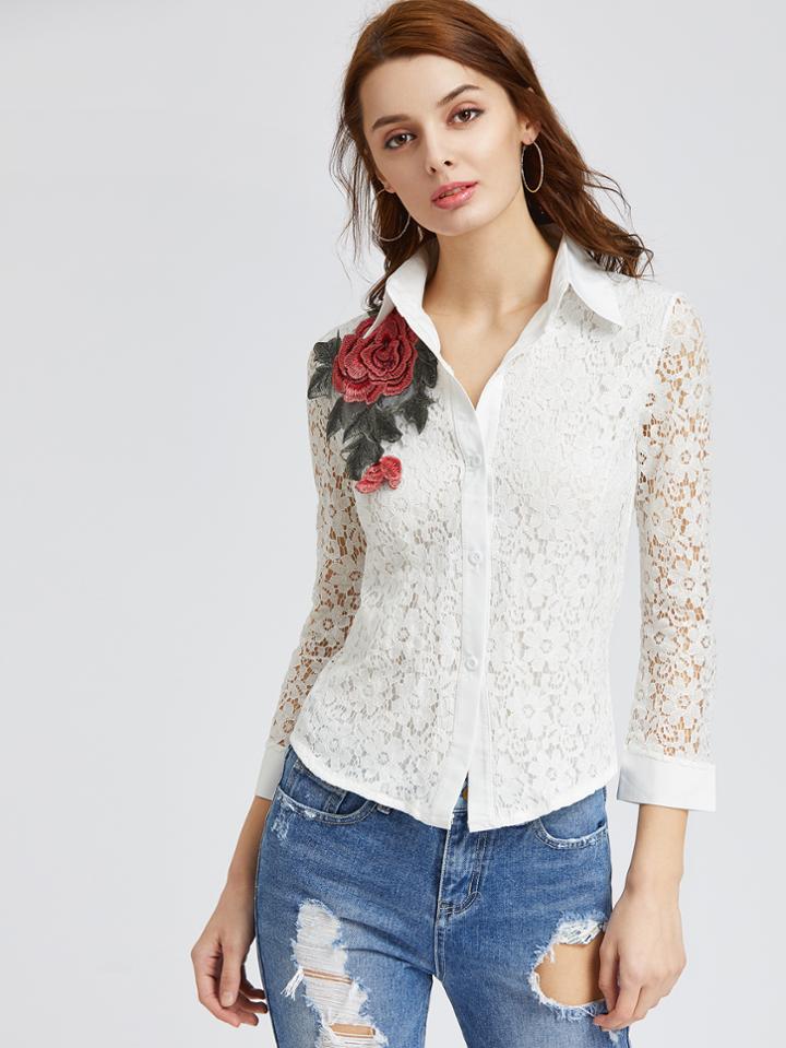 Shein White Lace Overlay Applique Shirt