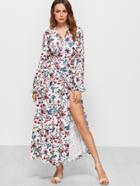 Shein White Floral Print Ruffle Cuff Warp Dress With Self Tie