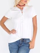 Shein White Eyelet Lace Up Deep V Neck T-shirt