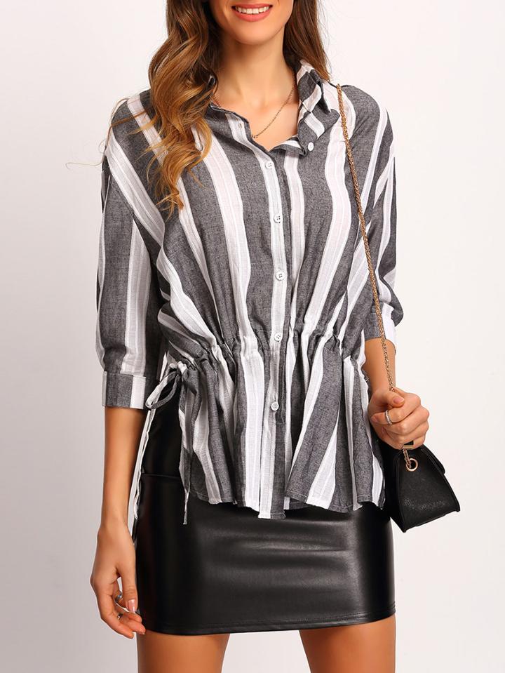 Shein Grey White Vertical Stripe Loose Blouse