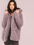 Shein Grey Zip Up Faux Fur Coat