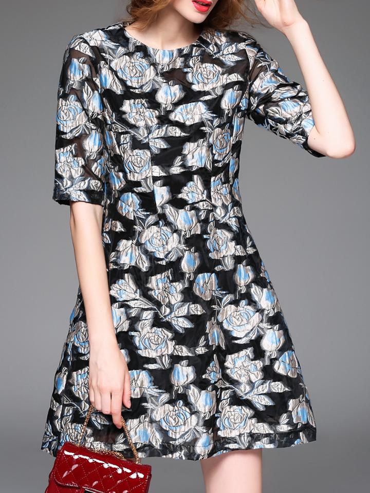 Shein Black Flowers Jacquard A-line Dress