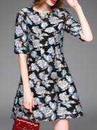 Shein Black Flowers Jacquard A-line Dress
