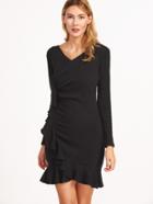 Shein Black V Neck Ruffle Trim Wrap Dress