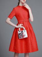 Shein Red Belted Jacquard A-line Dress