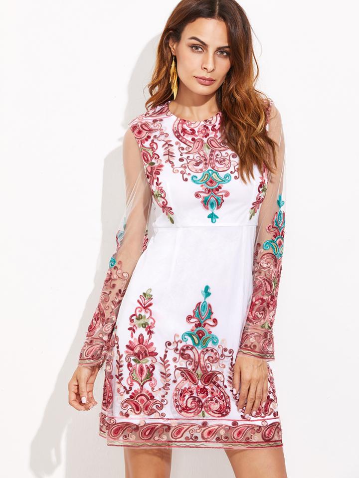 Shein White Sheer Sleeve Embroidered Mesh Overlay Dress